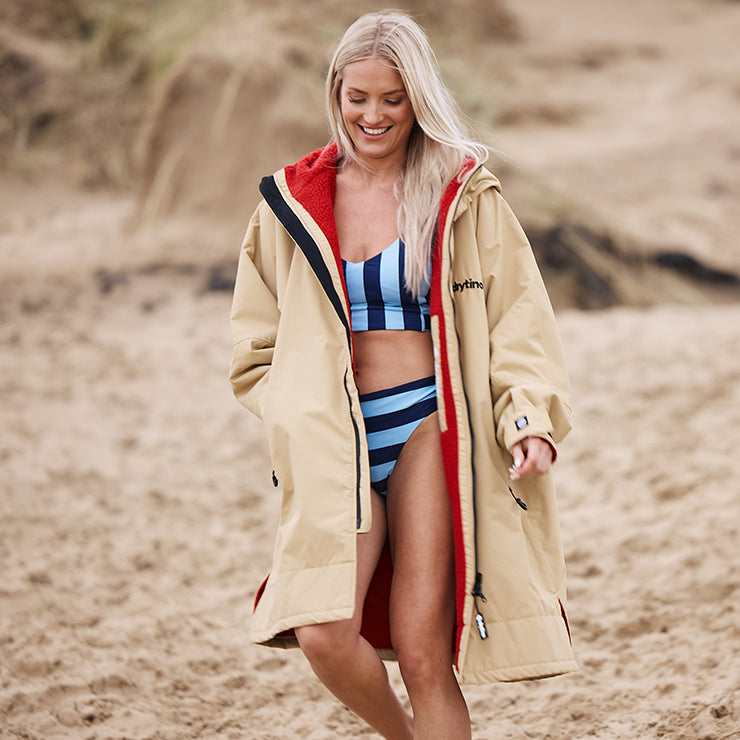 drytino Beige Shell with Red Lining - Long Sleeved Robe