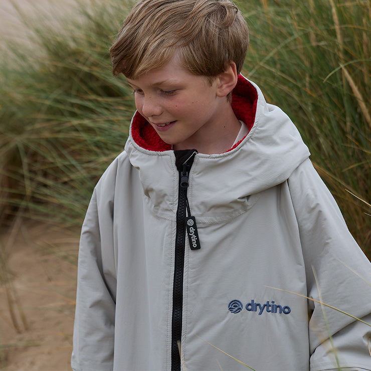drytino Kids Grey Shell with Red Lining - Long Sleeved Robe