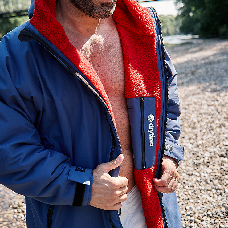 drytino Navy Shell with Red Lining - Long Sleeved Robe