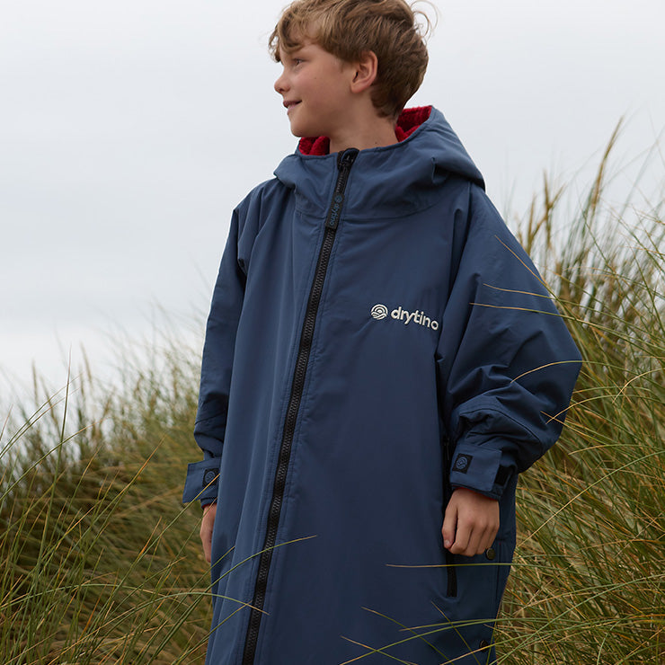 drytino Kids Navy Shell with Red Lining - Long Sleeved Robe